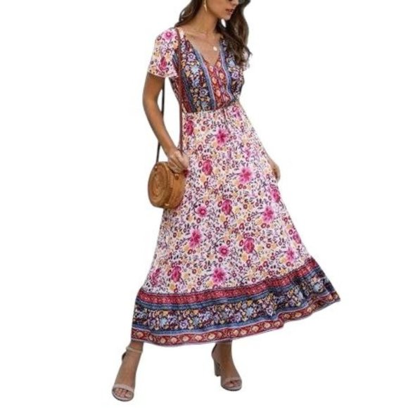 Dresses & Skirts - SUMMER CASUAL SHORT SLEEVE BOHEMIAN FLORAL PRINT COTTON MAXI DRESS LARGE